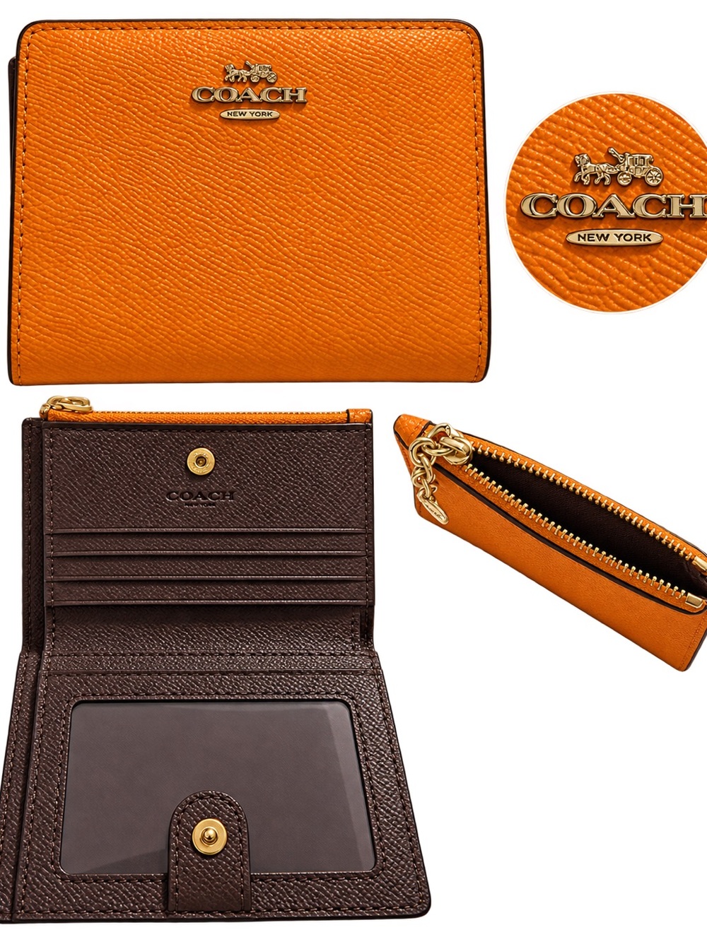 Coach Orange and Brown Leather Bifold Wallet with Gold Hardware